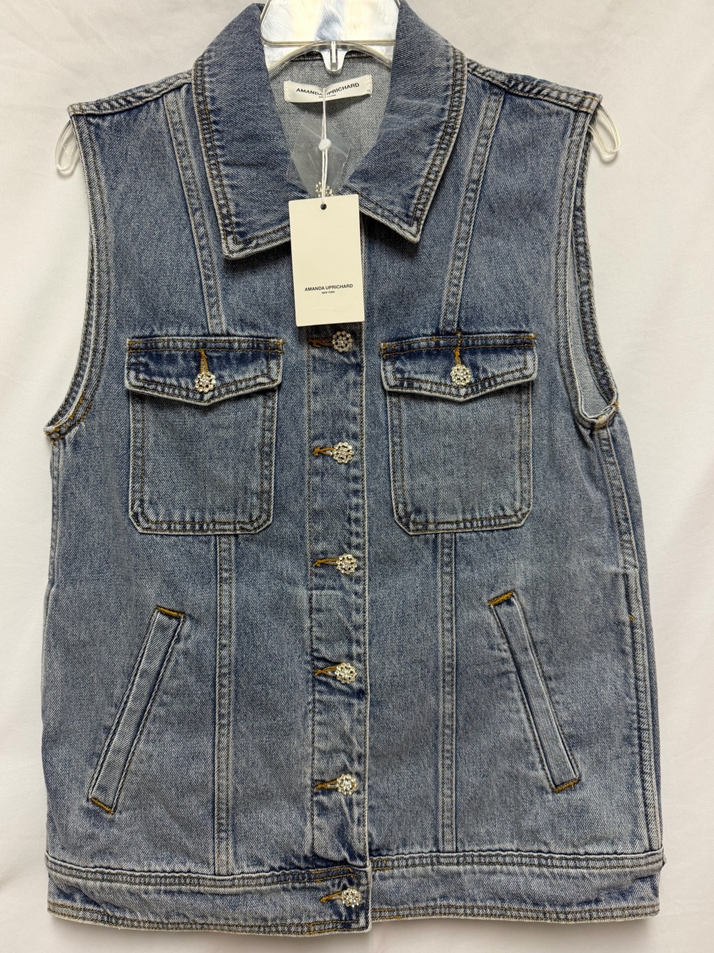 Amanda Uprichard Rhinestone Embellished Button Greyson Denim Vest NWT Size XS